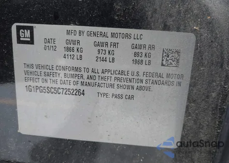 2012 Chevrolet Cruze 2Lt z USA, uszkodzony, nr VIN 1G1PG5SC5C7252264